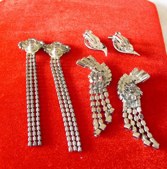 3 Pair Rhinestone  Earrings on Silver Tone ...Vin… - image 4