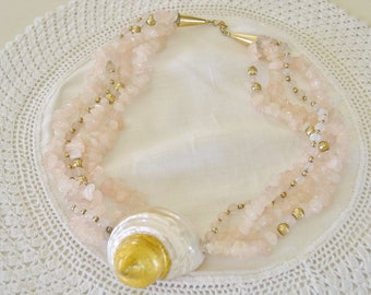 Necklace Rose Quartz 4 Strand Shell Jewelry Vintage Necklace... Mother of Pearl Shell Pendant Vintage Necklace Rose Quartz