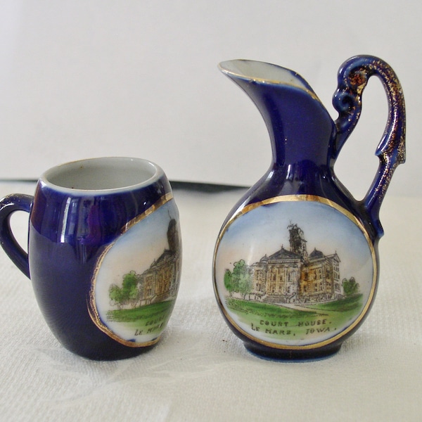 Pitcher and Sugar Cup LeMars, Iowa Court House.....Vintage Iowa Motif Small Pitcher and Sugar Cup from Germany...Iowa Keepsake Vintage