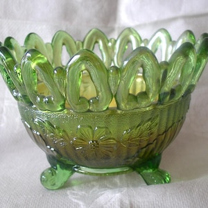 Carnival Glass...Northwood Glass Nut Dish...Iridescent Emerald Green Bowl....Scalloped Footed Dish