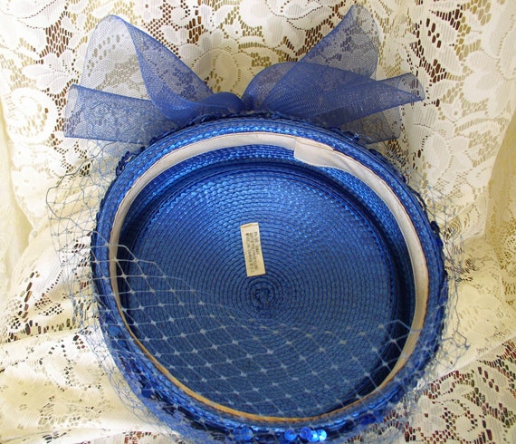 Hat Royal Blue Straw Hat with Veil Vintage Blue H… - image 6