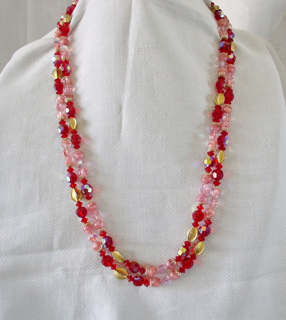 Red and Pink Glass Colored Faceted Beads Vintage … - image 1