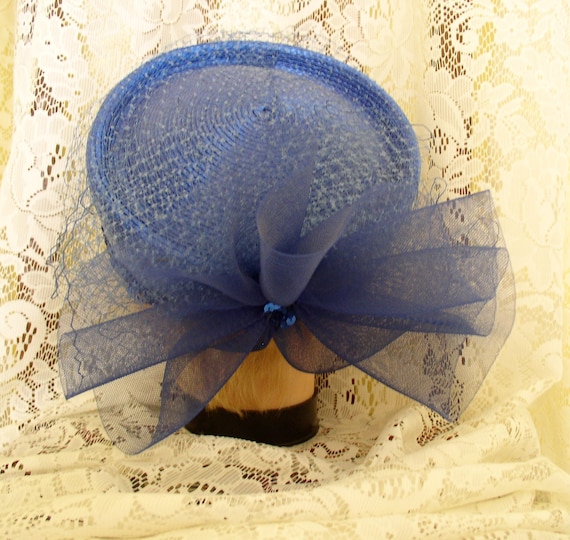 Hat Royal Blue Straw Hat with Veil Vintage Blue H… - image 4
