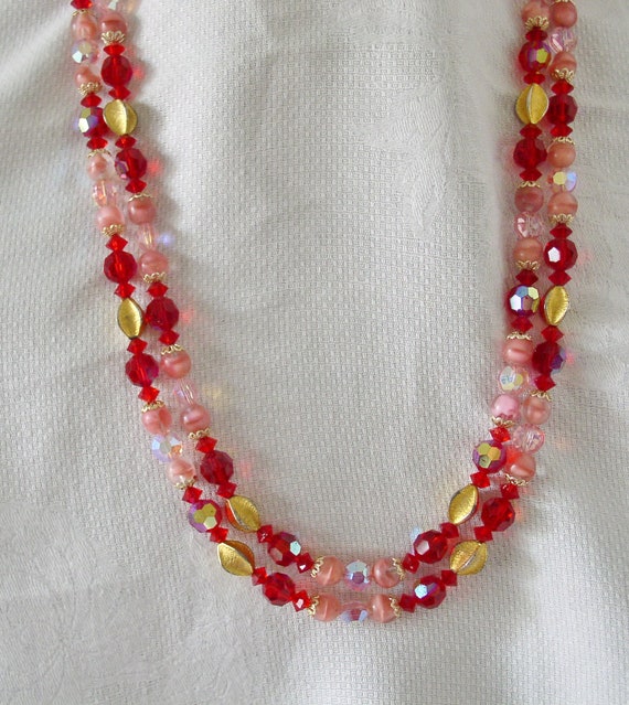 Red and Pink Glass Colored Faceted Beads Vintage … - image 6