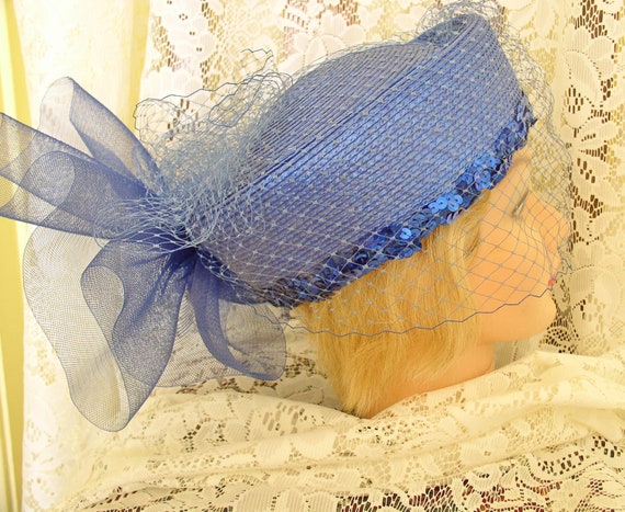 Hat Royal Blue Straw Hat with Veil Vintage Blue H… - image 5