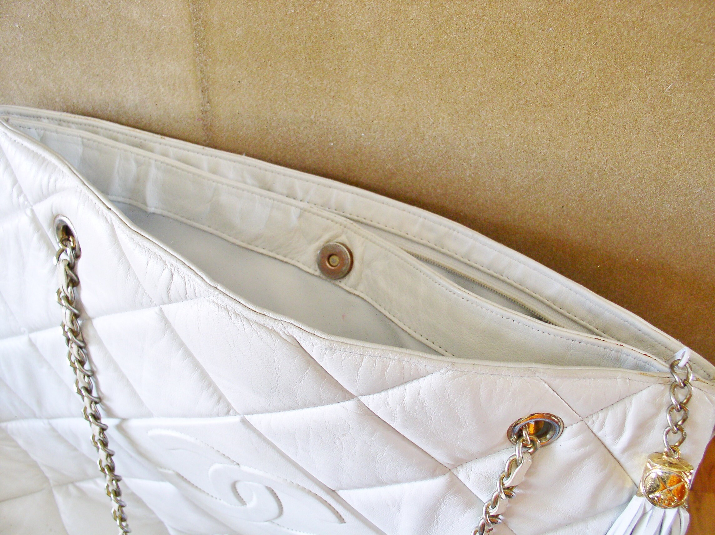 Chanel Tote White Tote Bag With Chain Handles..large