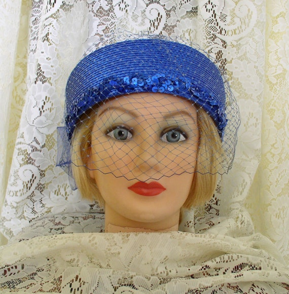 Hat Royal Blue Straw Hat with Veil Vintage Blue H… - image 2