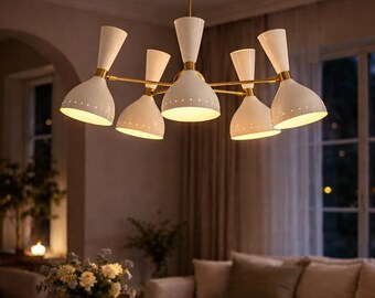 Mid Century Modern Brass Chandelier, 6-Light White Glass Sputnik Pendant Light