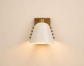Handmade Brass Wall Sconce Light with White Shade | Modern Bedroom Living Room Lamp