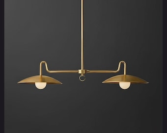 Mid-Century Modern Brass Double Pendant Light – Kitchen Island Chandelier, Gold Finish
