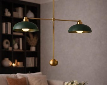 Mid Century Modern Messing Kronleuchter | Grüne Kuppel, 2-flammiger Anhänger