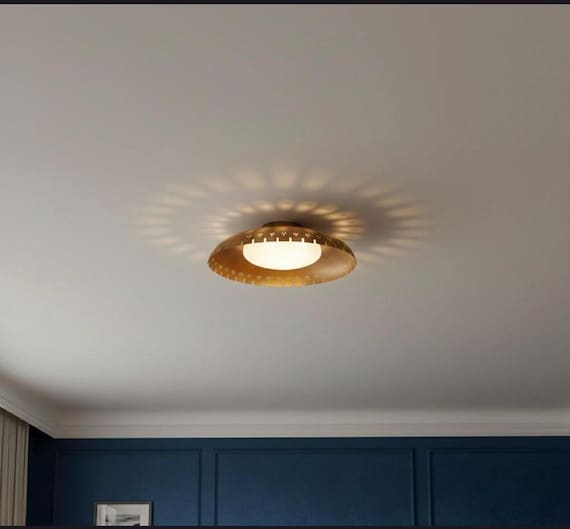 Decorative Brass Ceiling Light with Cutwork Shade & Glass Diffuser – Modern Semi Flush Mount Fixture