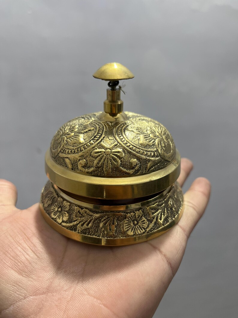 Handcrafted Antique Brass Service Bell | Engraved Floral Desk Bell - Etsy