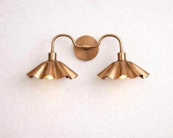 Handcrafted Double Brass Wall Sconce, Scalloped Shades, Mid Century Modern Light