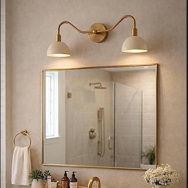 Mid Century Brass Double Vanity Light | Bathroom Wall Sconce