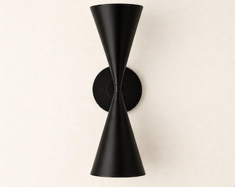 Matte Black Double Cone Sconce, Mid Century Modern Wall Lamp, Ambient Lighting, Solid Brass