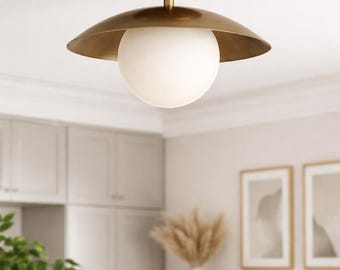 Modern Brass Flush Mount Ceiling Light, Gold Globe Fixture, Minimalist Home Lighting