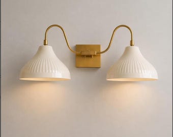 Modern Brass Double Sconce, Ceramic Shades, Mid-Century Minimalist Vanity Light