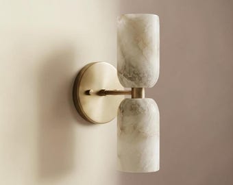 Handcrafted Brass Double Wall Sconce | Alabaster Bathroom Vanity Light | Mid Century Modern Wall Lamp