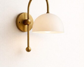 Modern Brass Wall Sconce, Frosted Glass Shade, Mid Century Minimalist Lighting Fixture