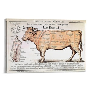 Può includere: Un poster educativo in stile vintage intitolato Enseignement Ménager Les animaux que nous mangeons Le Boeuf. Presenta un'illustrazione marrone di un bue diviso in tagli di carne etichettati, un diagramma di microbi e del testo in francese.
