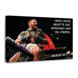 May include: Canvas print featuring a victorious athlete wearing championship belts and a red cape. The text reads, "WHEN YOU'RE ABOUT TO QUIT, REMEMBER WHY YOU STARTED." The image is set against a dark background.