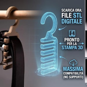 Può includere: Un appendiabiti per cinture beige a più fessure appeso a un'asta di legno, che sostiene una cintura in pelle marrone scuro. È visualizzato un modello digitale wireframe blu dell'appendiabiti con il testo SCARICA ORA: FILE STL DIGITALE, PRONTO PER LA STAMPA 3D, MASSIMA COMPATIBILITÀ.