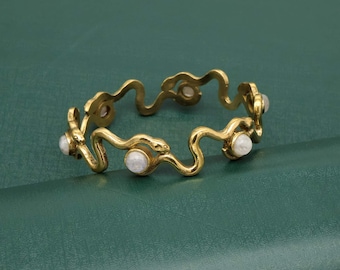 Vintage Snake Wrap Bracelet , Handmade Gold Moonstone Bangle Bracelet.