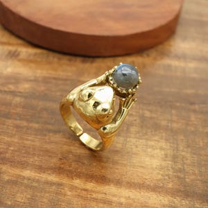 Puede incluir: Anillo dorado con un diseño de rana estilizada. La rana sostiene una gema redonda y gris. El anillo está sobre una superficie de madera.