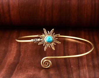 Gold Sunburst Arm Cuff, Turquoise Gemstone Brass Upper Arm Band, Summer Jewellery.