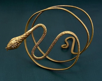 Snake Brass Upper Arm Cuff, Adjustable Serpent Boho Armband.
