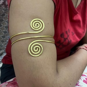 Gold Brass Spiral Armlets, Adjustable Wire Wrap, Bohemian Jewellery.