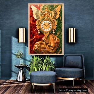 Emerald Clock Fairy Digital Art, Baroque Steampunk Wall Decor (Digital Download)