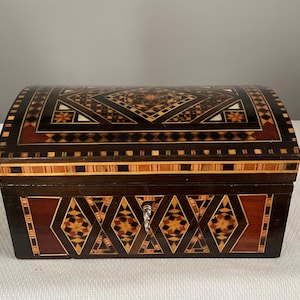 Vintage Middle Eastern inlaid wood domed box jewelry trinket box