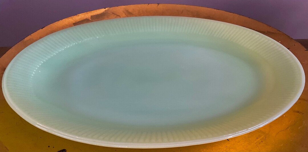 Vintage Fire King Jadeite Oval Serving Platter Ribbed Pattern. Jane Ray