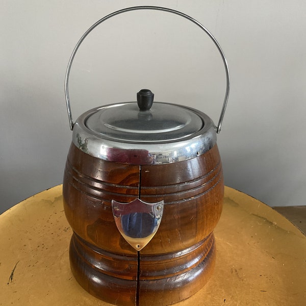 Vintage oak  wood biscuit barrel oak with stainless steel accents