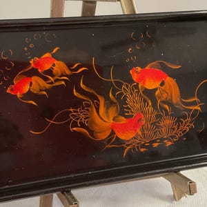 Vintage Shikki lacquer rectangular small tray with handpainted ref gold fish. Asian decor  Viet Nam