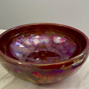 Handmade iridescent Raku bowl  cranberry luster glaze Art Studio pottery signed