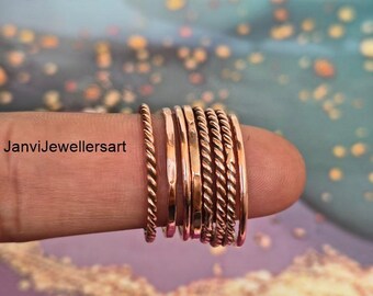 Ensemble de bagues à empiler en cuivre massif, bandes torsadées martelées, bijoux minimalistes bohèmes