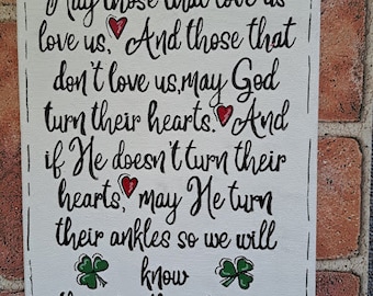Irish, St Patricks Day, blessing, curse, wood sign, May God, turn their hearts, heart, ankle, Irish blessing, Irish curse, green, shamrock