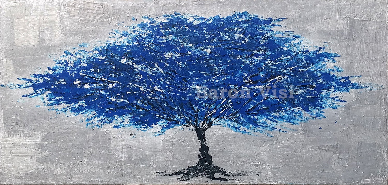 Blue Silver Tree Art Abstract Painting Acrylic Painting Oil Etsy UK