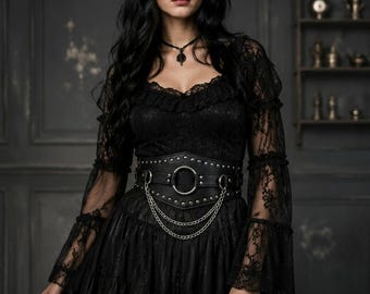 Black Leather O Ring Belt, Studded Waist Cincher, Chain Detail, Festival Outfit