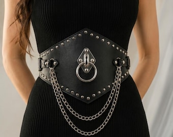 Studded Chain Waist Belt, Black Punk Harness Belt, Genuine Leather Cincher, O Ring Accessory