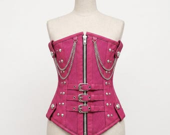 Handmade Pink Studded Korsett, Zipper Front Bustier, Rave Buckle Underbust Top