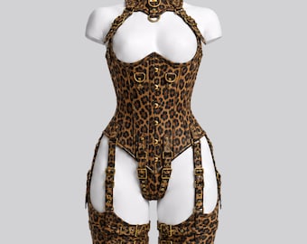 Leopard Print Harness Corset, Steel Boned Underbust Waist Cincher, Gothic Animal Print Rave Bodysuit