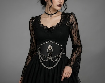Women's Wide Waist Cincher Belt, Black Studded O-Ring Corset with Chains, Leather Underbust Belt