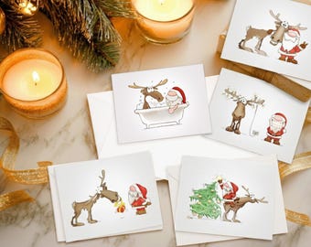 Santa and Reindeer Cartoon Greetings Card Pack, Greeting Cards (5-Pack)