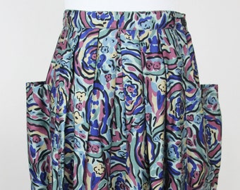 Vintage 80s Polished Cotton Midi Skirt, XS / 25-26" High Waist, Abstract Floral Print Skirt, Sage, Jewel Tone, Patch Pockets, Pleated Skirt