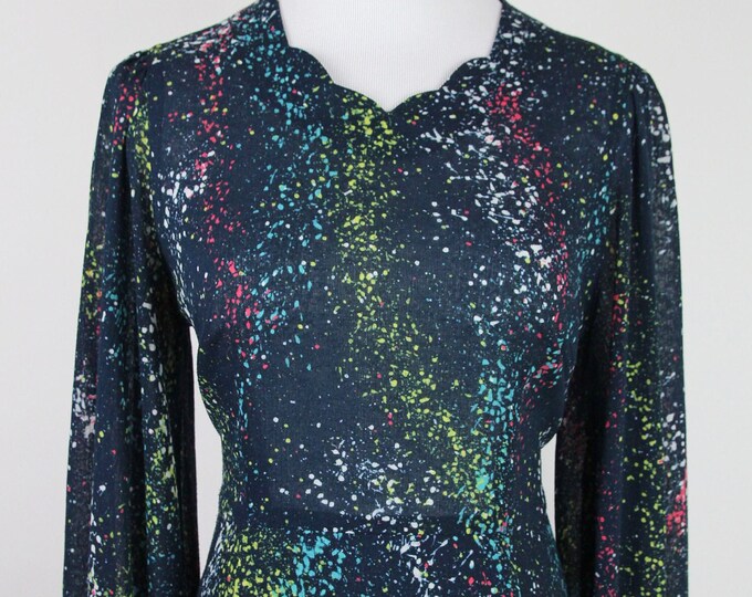 Vintage Japanese Paint Splatter Print Dress, MEDIUM, Navy Blue Dress With Scalloped Neckline