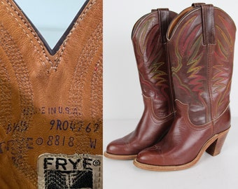 Vintage 70s FRYE Cowboy Boots, 5.5 B, USA MADE Heeled Brown Leather Boots, Colorful Rainbow Embroidered Boots, Boho Western Rodeo Cowgirl